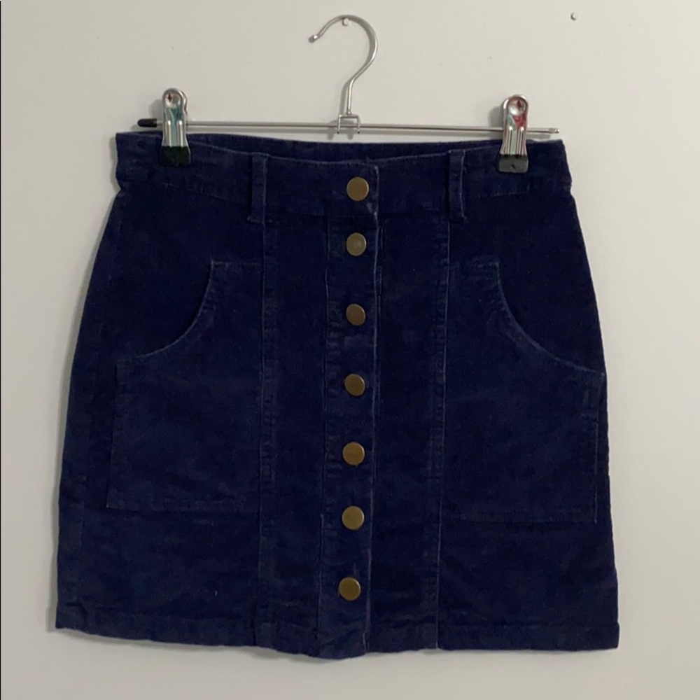 Navy blue, button down, corduroy skirt